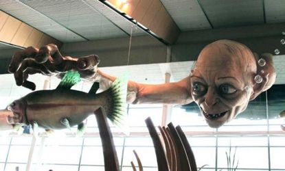 A giant sculpture of Gollum, a character from "The Hobbit," welcomes visitors at the Wellington Airport in New Zealand.