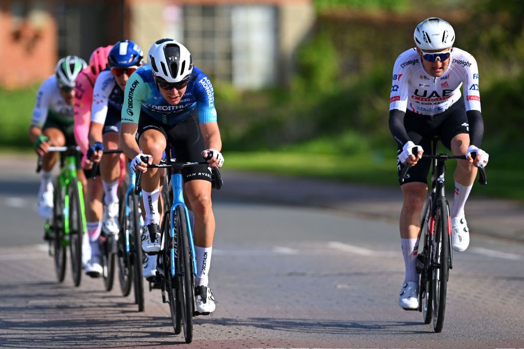 OVERIJSE BELGIUM APRIL 10 LR Benoit Cosnefroy of France and Decathlon AG2R La Mondiale Team and Tim Wellens of Belgium and UAE Team Emirates compete in the breakaway during the 64th De Brabantse Pijl La Fleche Brabanconne 2024 Mens Elite a 1952km one day race from Leuven to Overijse on April 10 2024 in Overijse Belgium Photo by Luc ClaessenGetty Images