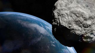 An asteroid flying past earth