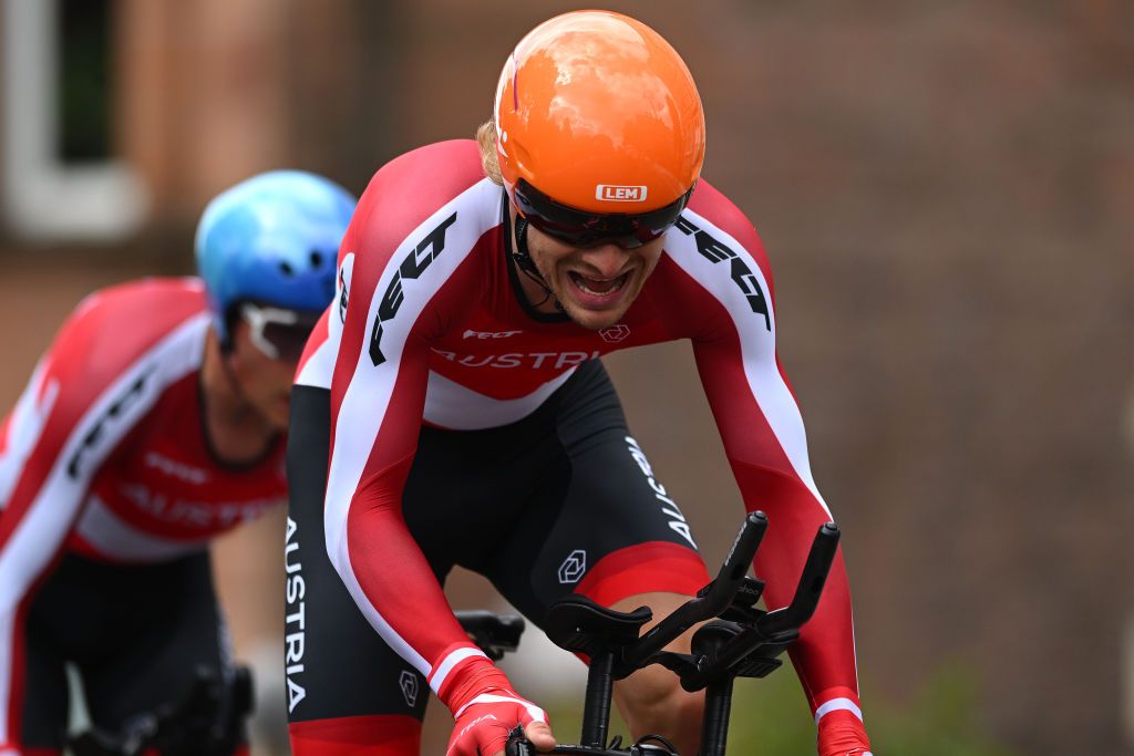 GLASGOW SCOTLAND AUGUST 08 Sebastian Schonberger of Austria sprints during the Team Time Trial Mixed Relay a 403km race from Glasgow to Glasgow at the 96th UCI Cycling World Championships Glasgow 2023 Day 6 UCIWT on August 08 2023 in Glasgow Scotland Photo by Dario BelingheriGetty Images
