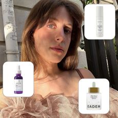 Photo collage of Jamie Schneider testing the best brightening serums