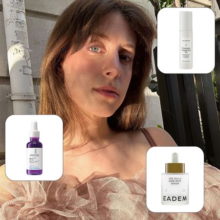 Photo collage of Jamie Schneider testing the best brightening serums
