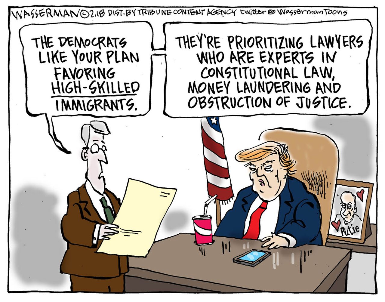 Political cartoon U.S. Trump Russia investigation immigration obstruction of justice