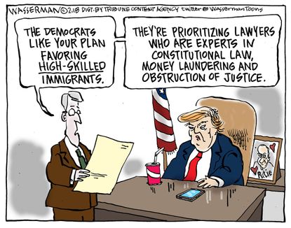Political cartoon U.S. Trump Russia investigation immigration obstruction of justice