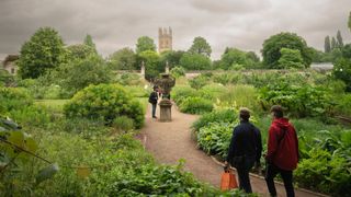 People walking through the Oxford Botanical Gardens