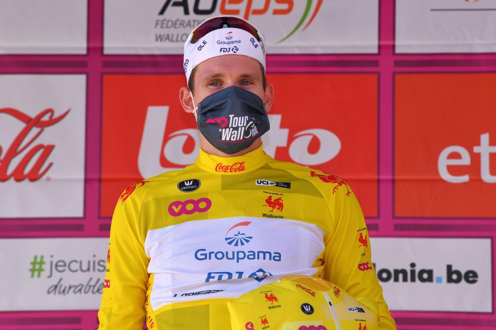 VISE BELGIUM AUGUST 18 Podium Arnaud Demare of France and Team Groupama FDJ Yellow Leader Jersey Celebration Covid safety measures during the 41st Tour de Wallonie 2020 Stage 3 a 192km stage from Montzen to Vise TourdeWallonie TRW2020 on August 18 2020 in Vise Belgium Photo by Luc ClaessenGetty Images