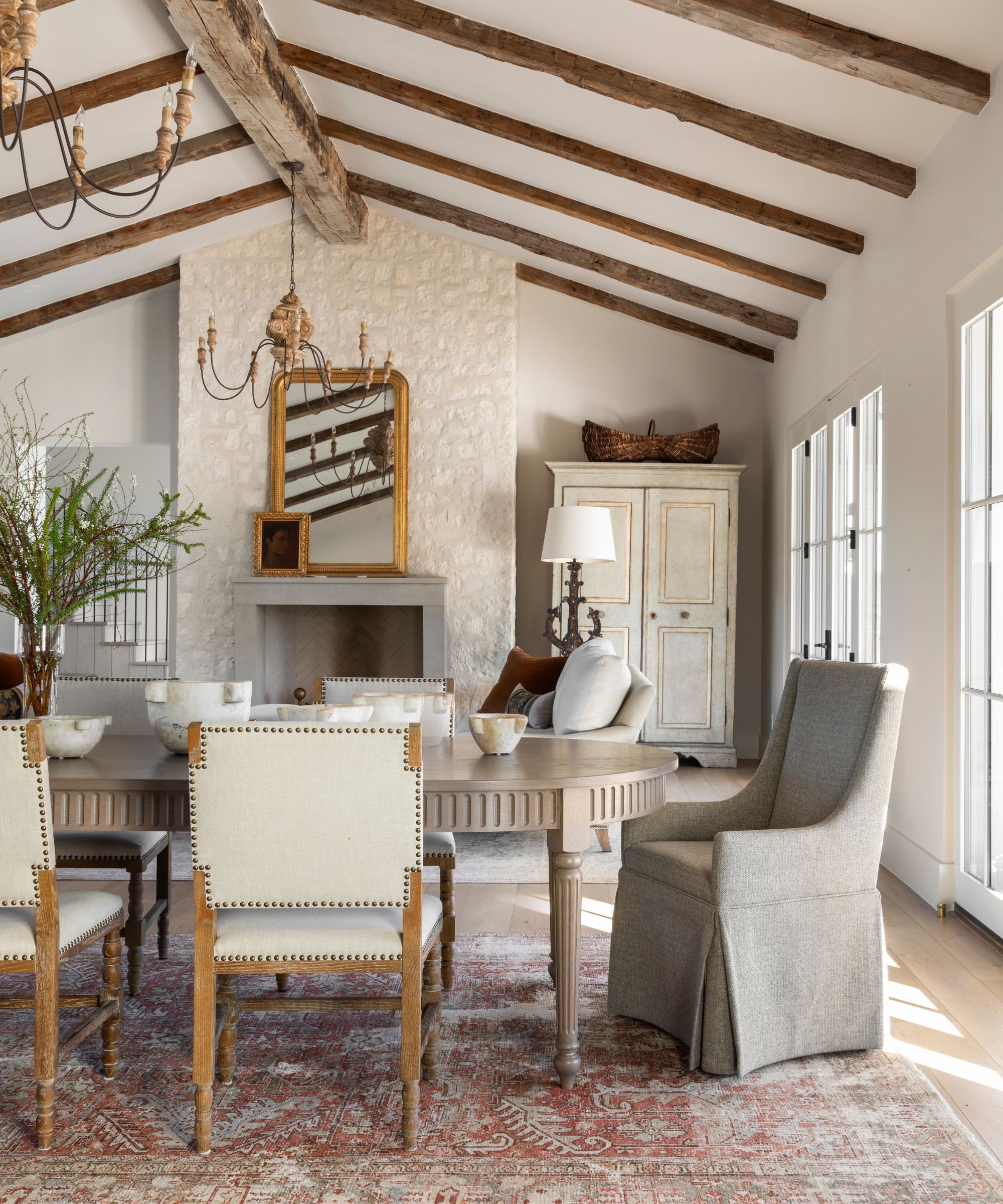 a rustic texas farmhouse open living and dining room