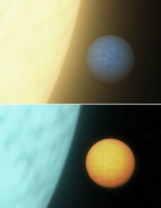 A side-by-side comparison of infrared and light detection views of the super-Earth 55 Cancri e.