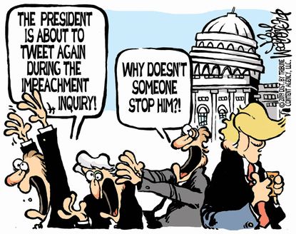 Political Cartoon U.S. Trump Tweets During Impeachment Hearings