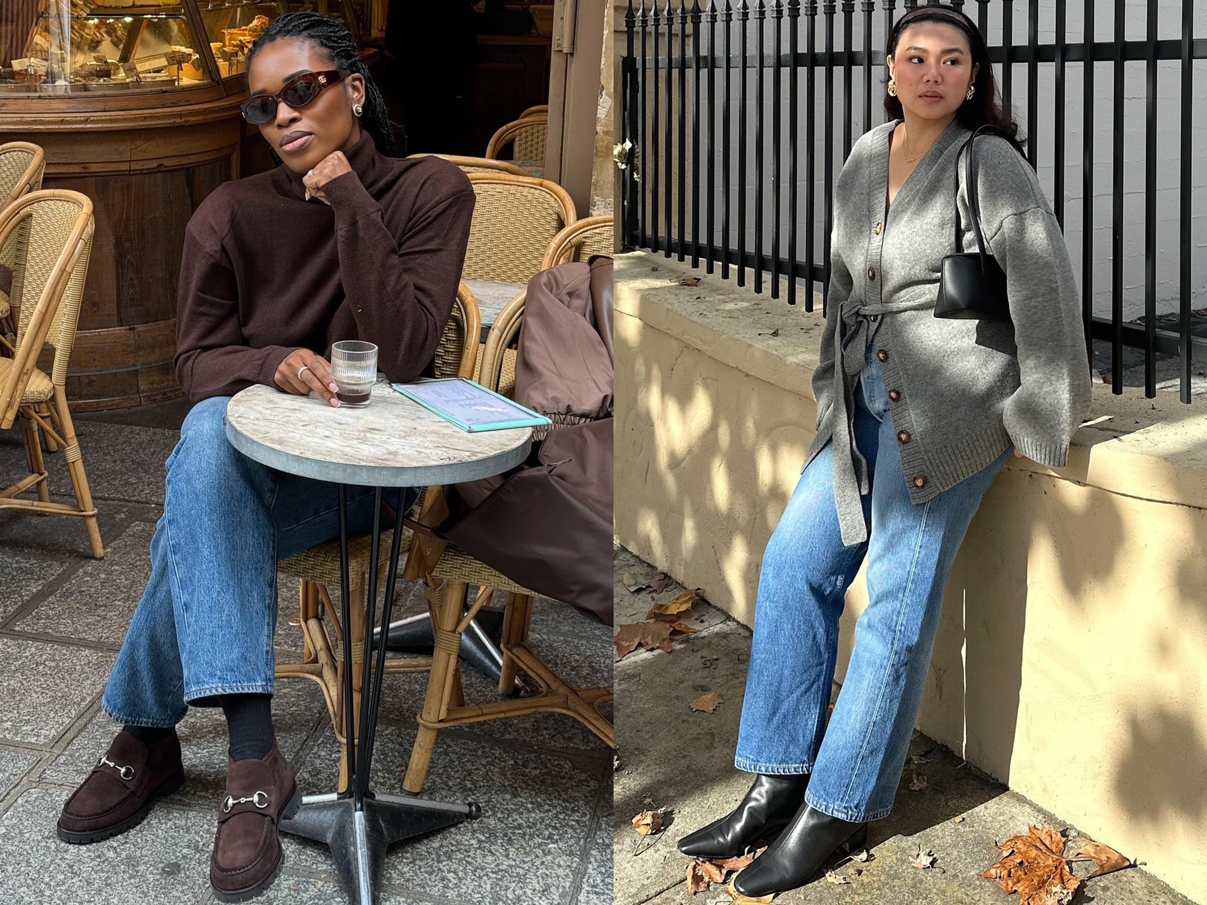 Collage of style influencers Marilyn Nwawulor-Kazemaks and Marina Torres wearing chic winter straight-leg jeans outfits.