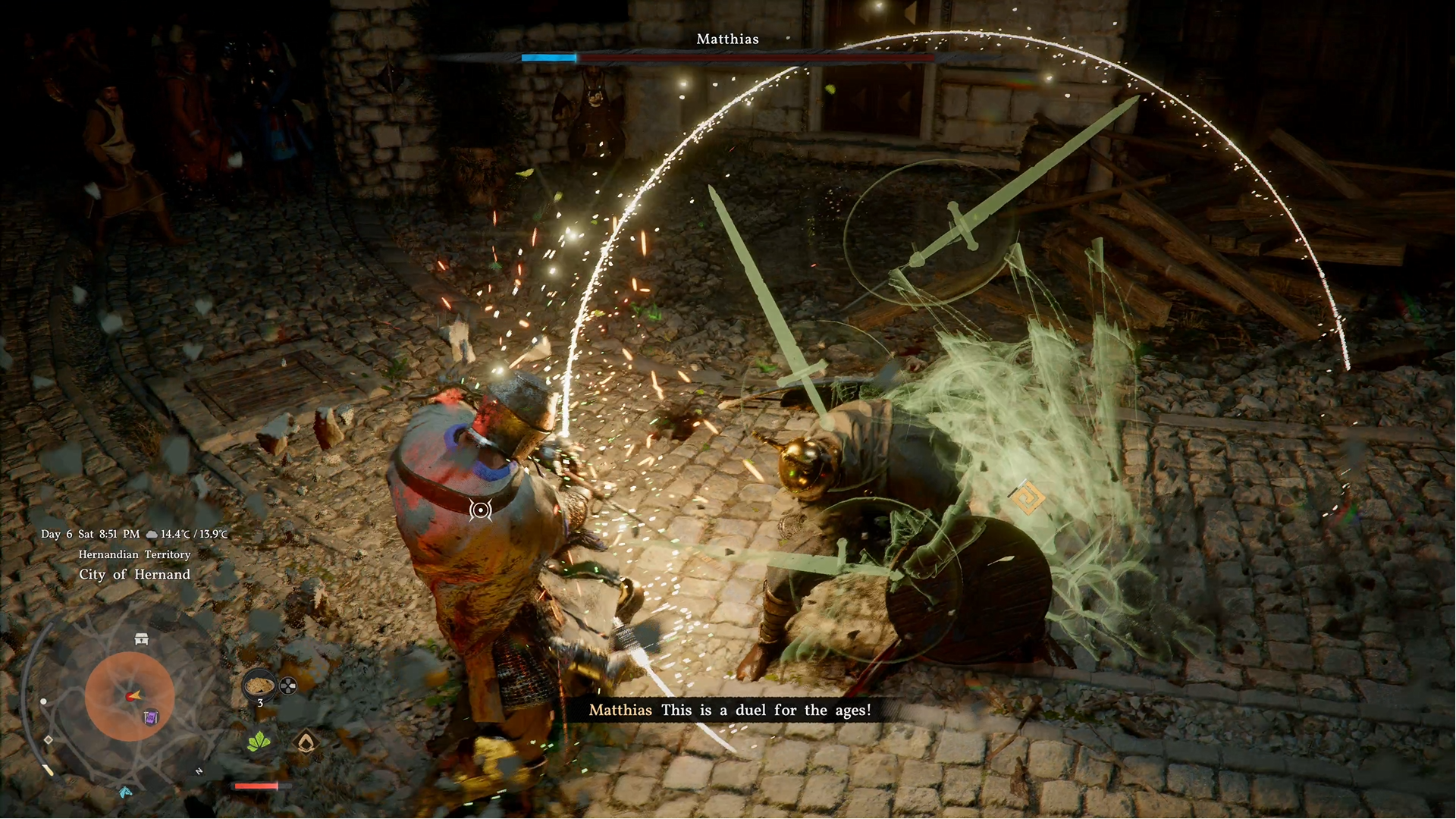 Kliff, from Crimson Desert, strikes a knight over the head with a devastating blow.