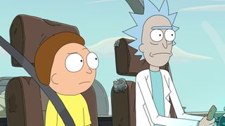Rick and Morty season 7's two main characters sit in a space ship.