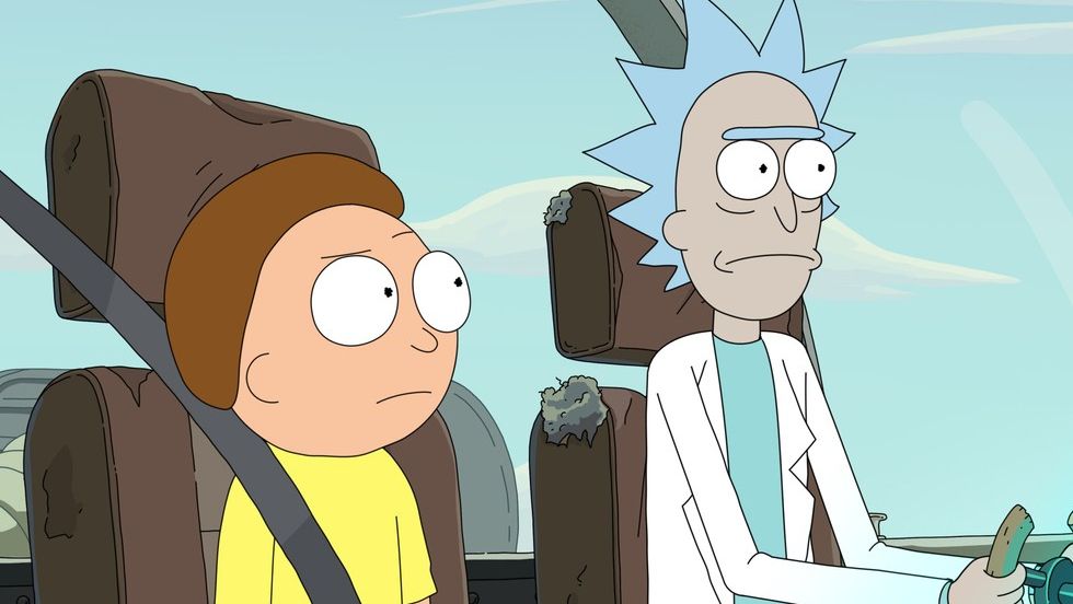 Rick and Morty season 7&#039;s two main characters sit in a space ship.