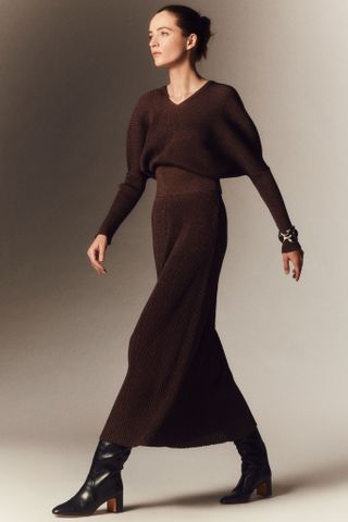 a model in brown sparkle knit set by Lafayette 148 New York