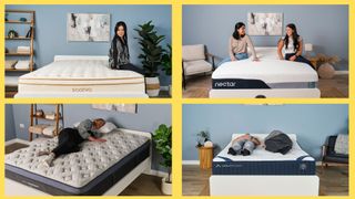 A 4-piece collage showing the following mattresses: (clockwise from top left) of the Saatva Classic, Nectar Premier, Helix Midnight Luxe, and the DreamCloud Classic mattresses. 