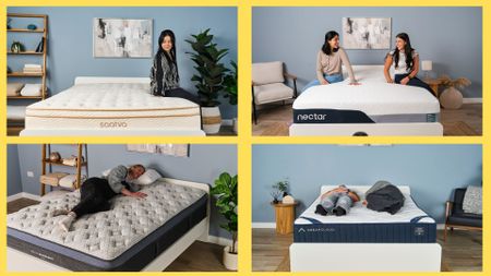 A 4-piece collage showing the following mattresses: (clockwise from top left) of the Saatva Classic, Nectar Premier, Helix Midnight Luxe, and the DreamCloud Classic mattresses. 