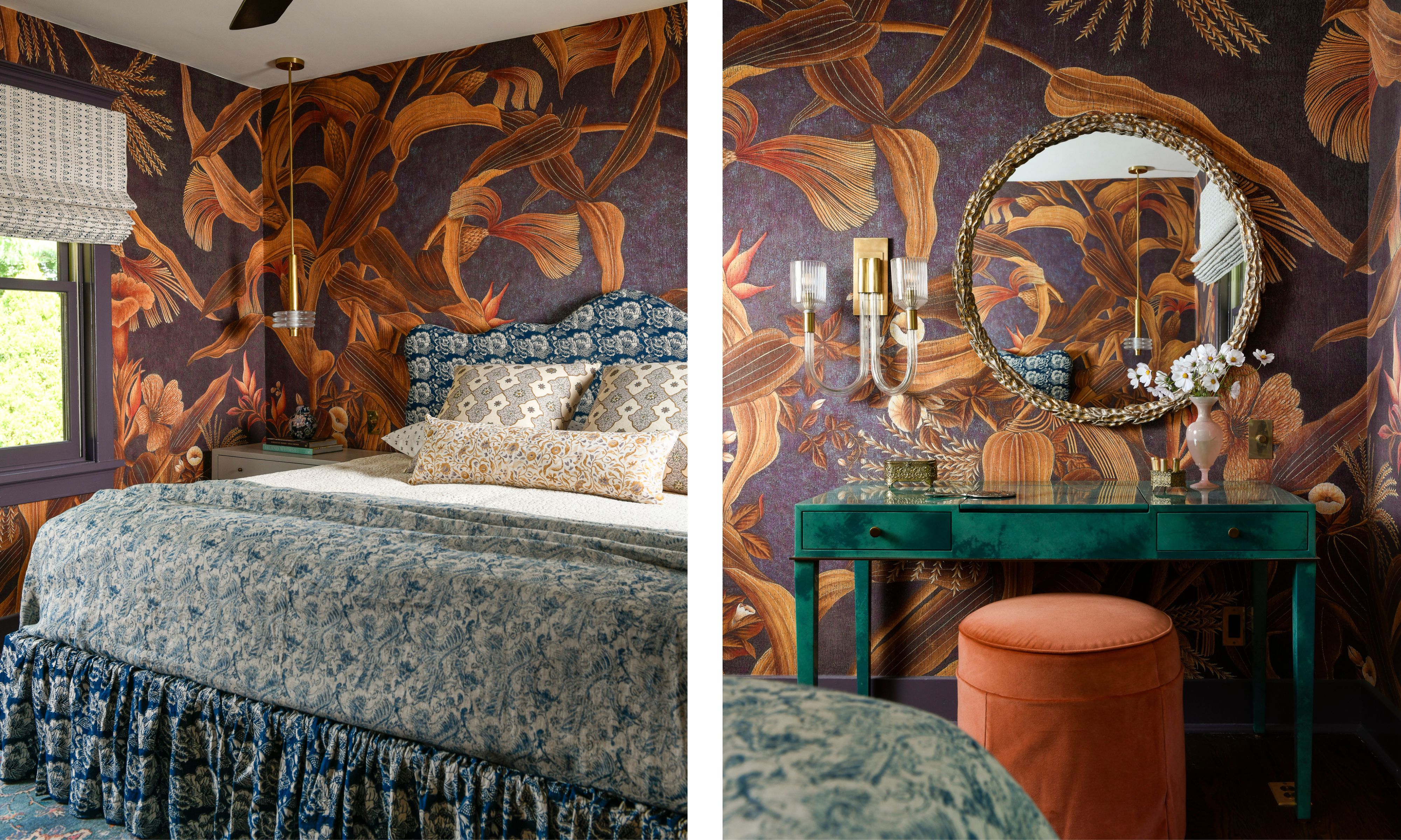 Two images of a bedroom with pink and orange floral wallpaper, a large blue upholstered bed, and a green vanity with a round mirror above it and a peach stool.