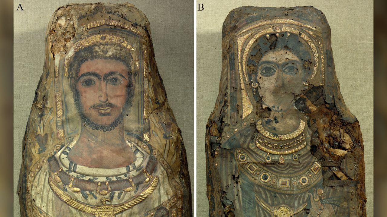 A close-up of the mummy portraits and jewelry featured on the shrouds.