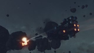 Starfield screenshot showing space ships engaged in combat among asteroids.