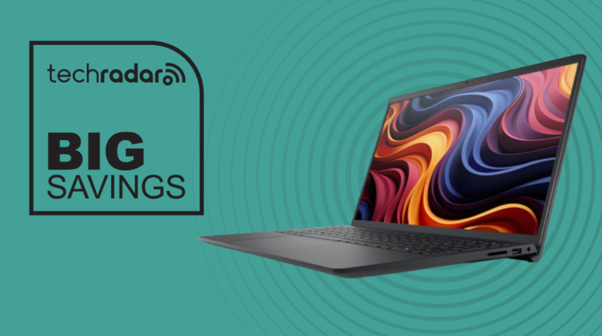 Dell 15 laptop on a cyan background next to the words 'Big Savings'