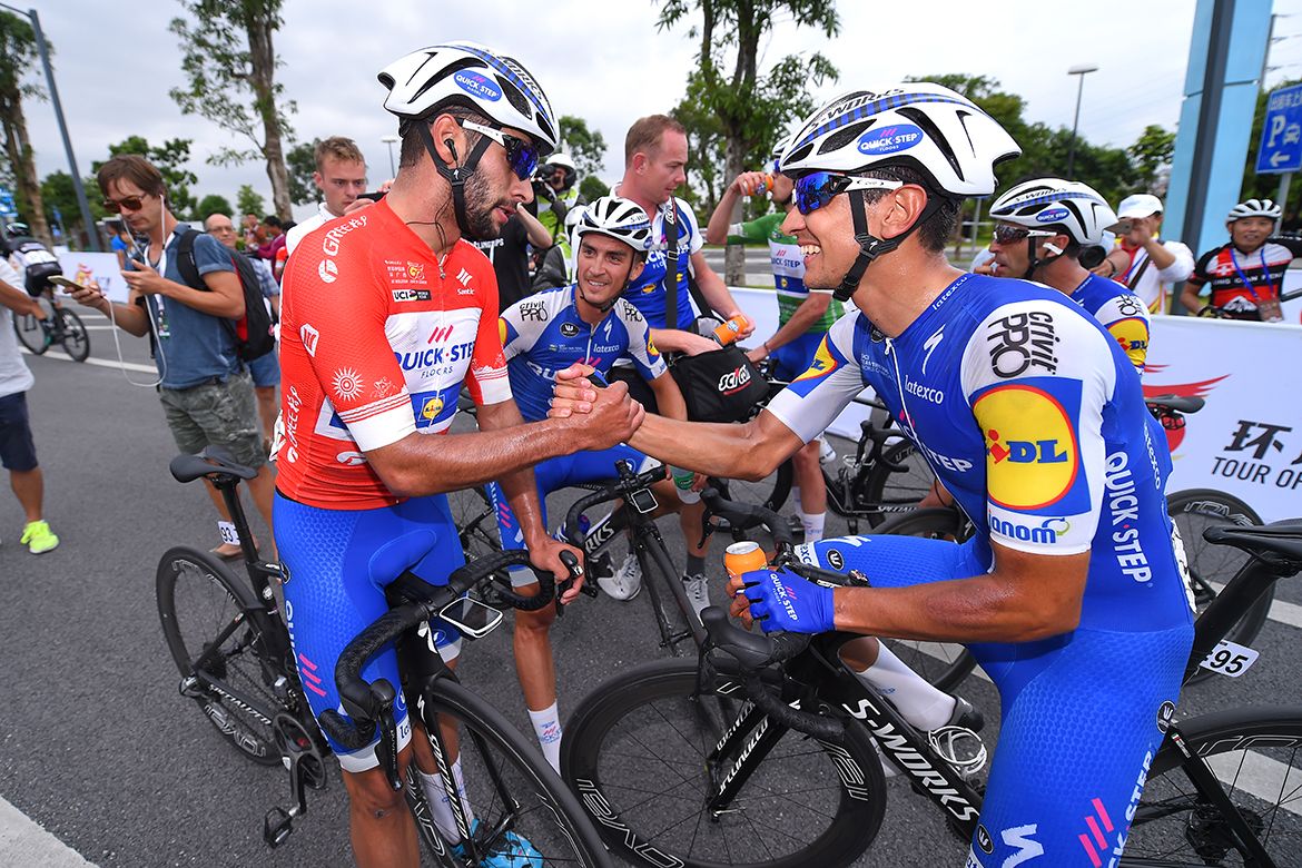 Davide Martinelli congratulates Fernando Gaviria