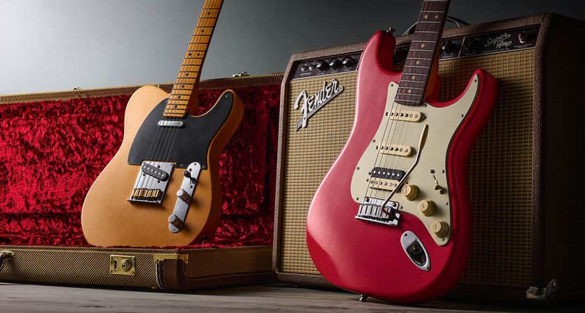 Fender American Ultra Luxe Vintage &#039;50s Telecaster and Vintage &#039;60s Stratocaster HSS photographed against a Fender combo and their tweed-covered case.