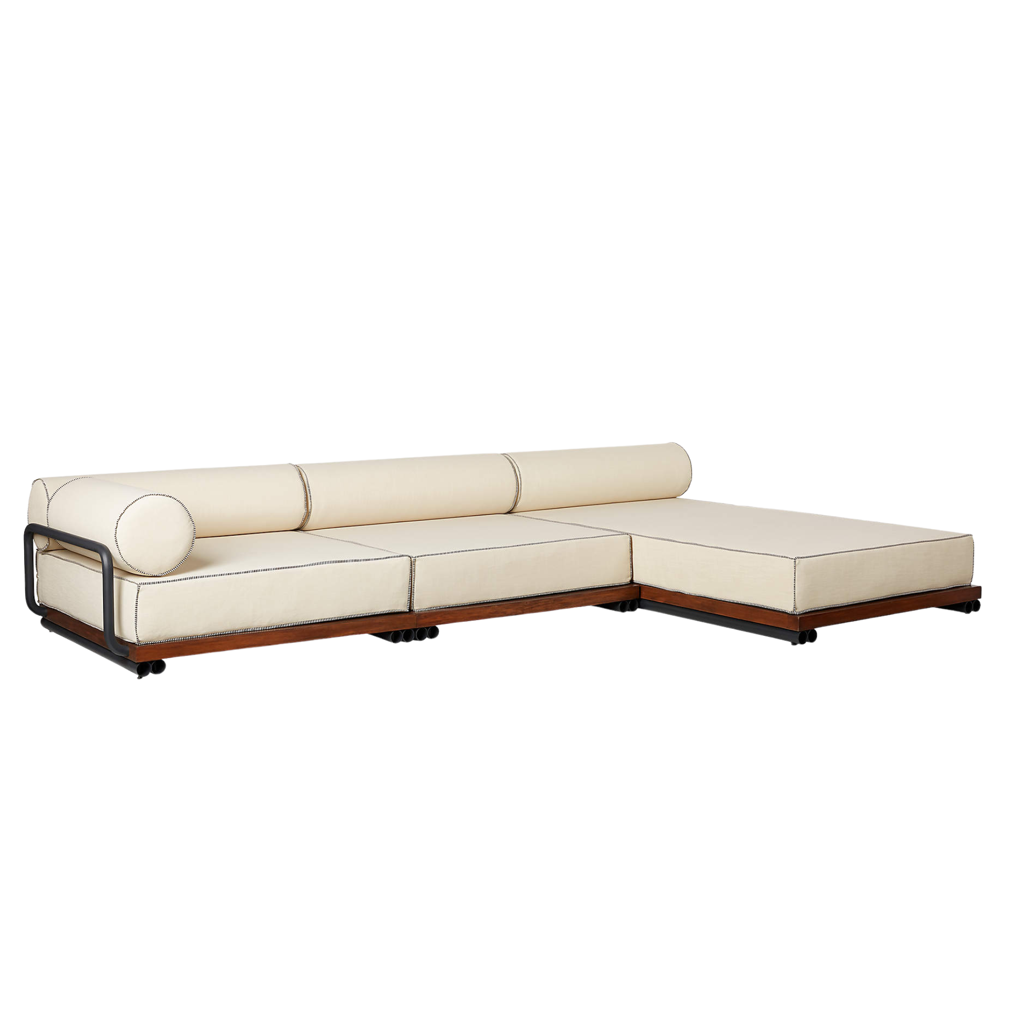 outdoor sectional with white fabric and a dark wood frame