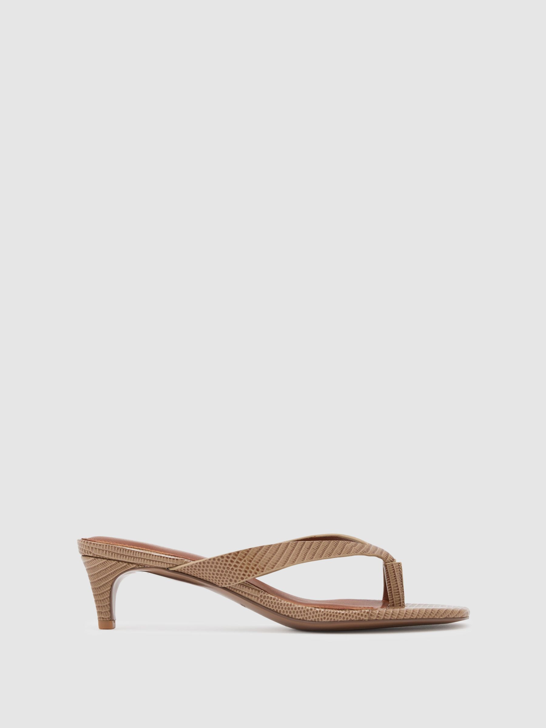Leather Lizard-Effect Kitten-Heel Sandals in Neutral