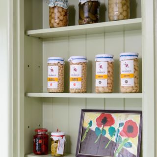 Kitchen shelves with jars of food and a painting