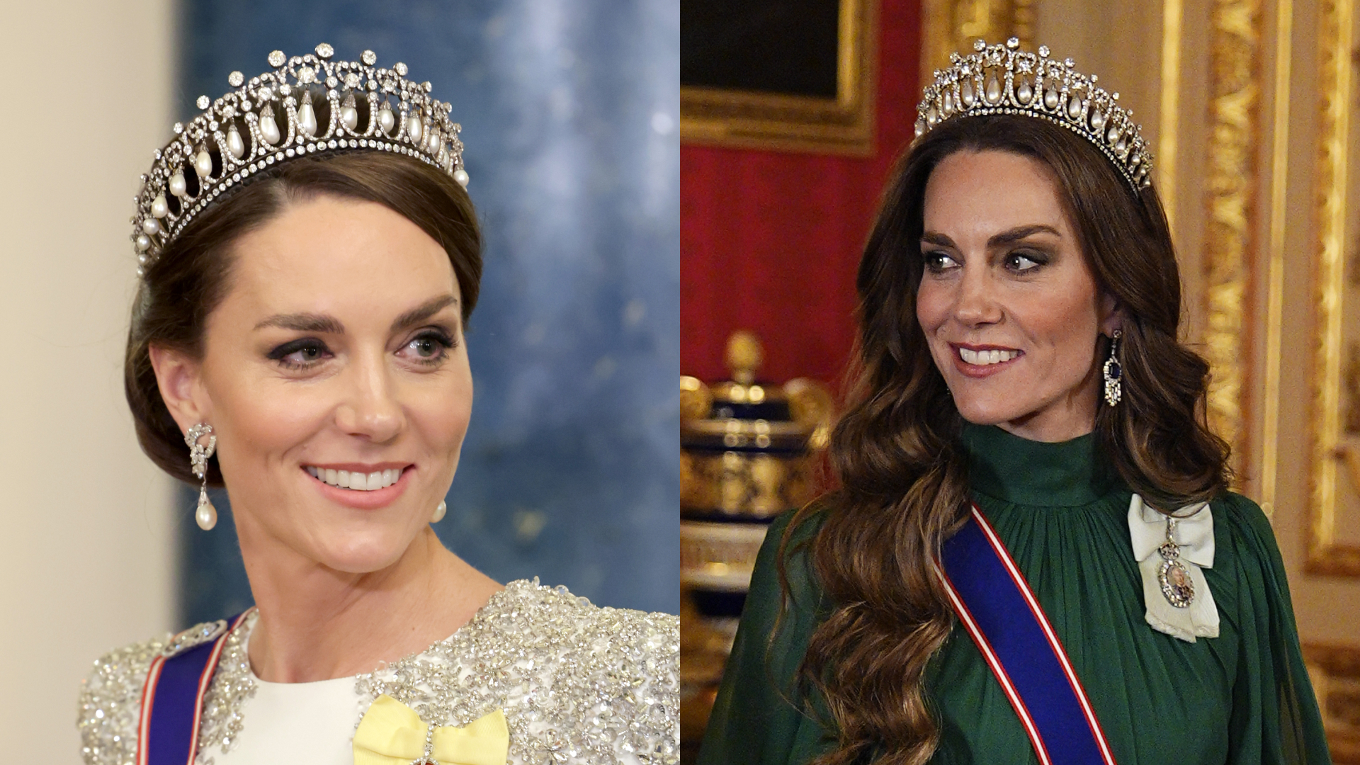 Princess Kate wearing Queen Mary's Lover's Knot tiara in a white dress and green dress