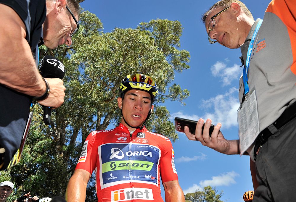 Caleb Ewan talks with reporters following stage 4 at the Tour Down Under