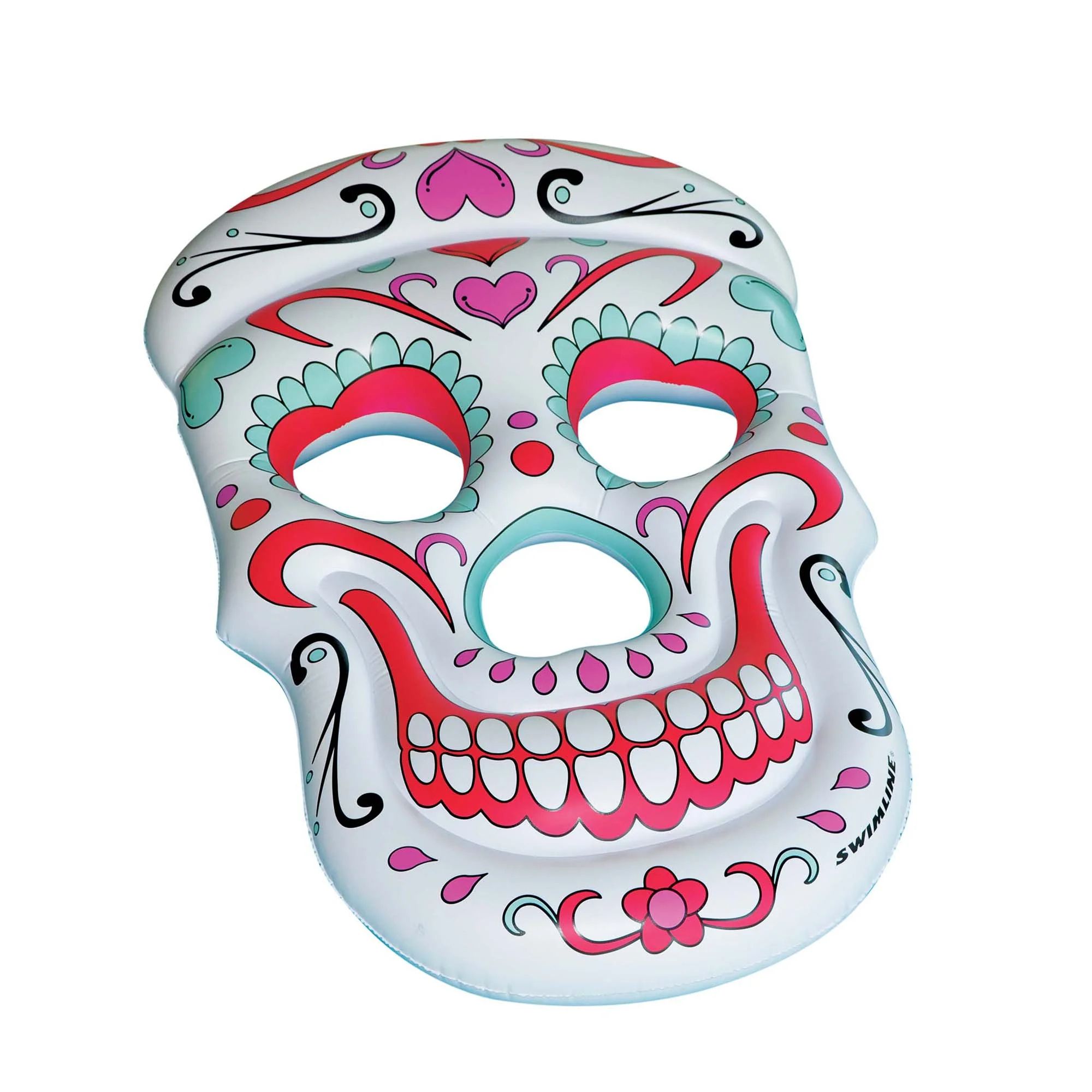White pool inflatable with Day of the Dead-style skull design