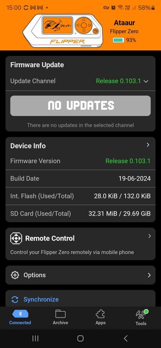 Flipper Zero's update page on the Android app