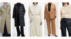 Mango Black Friday deal outfits on models: trench coat, a black puffer, a white cashmere cardigan, a camel suit and a cream roll neck
