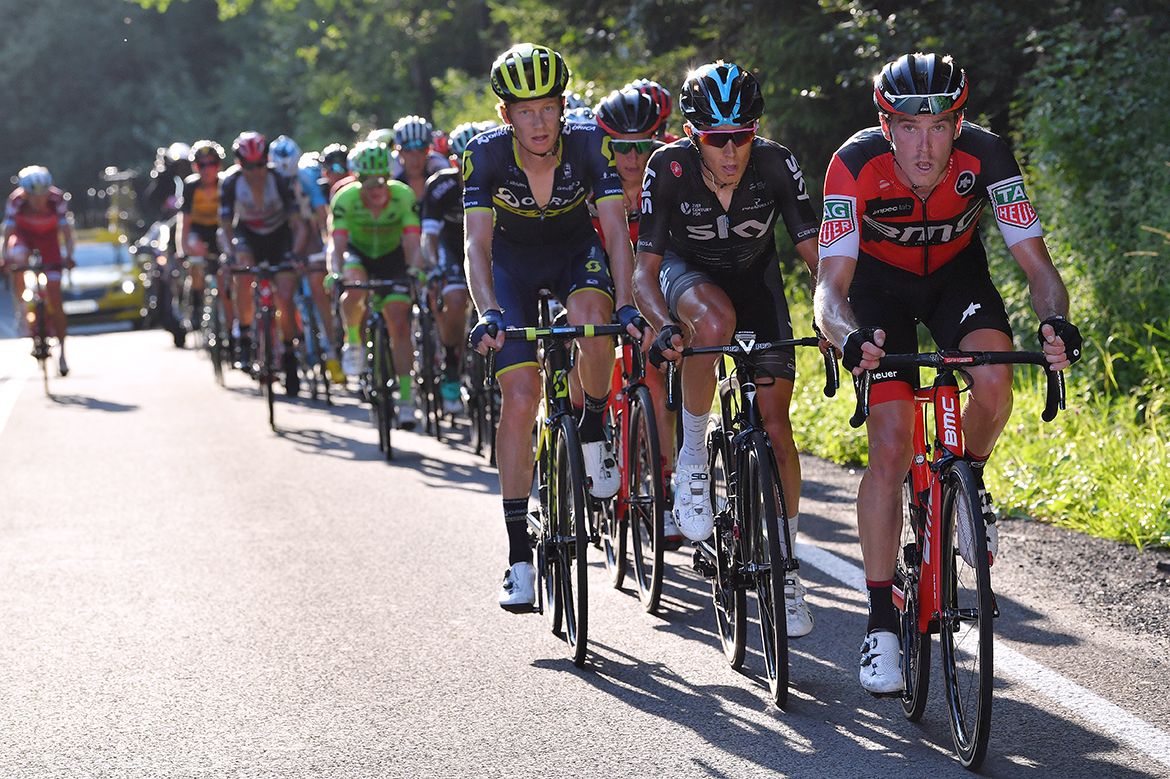 Rohan Dennis (BMC) strings out the peloton