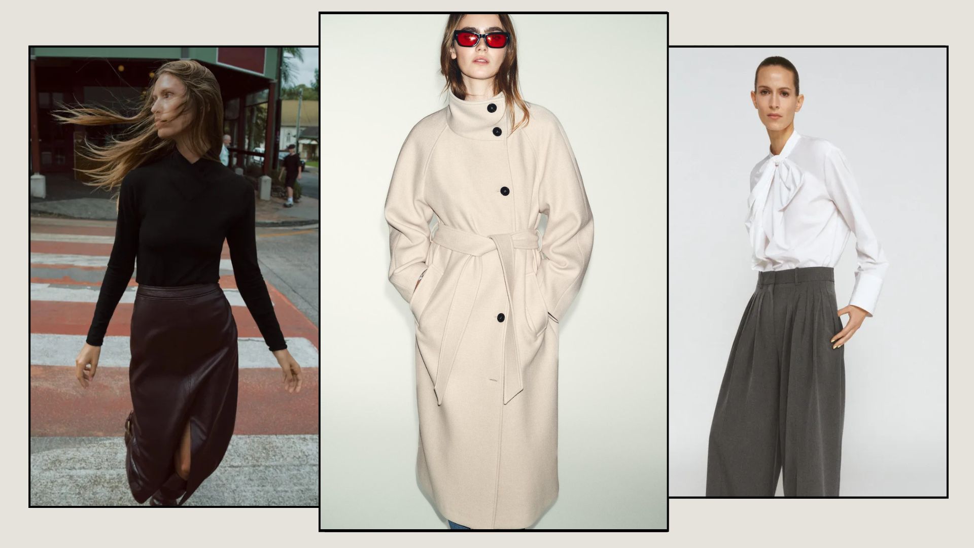 Model wears black top, leather look skirt; model wears cream coat; model wears white blouse, tailored trousers