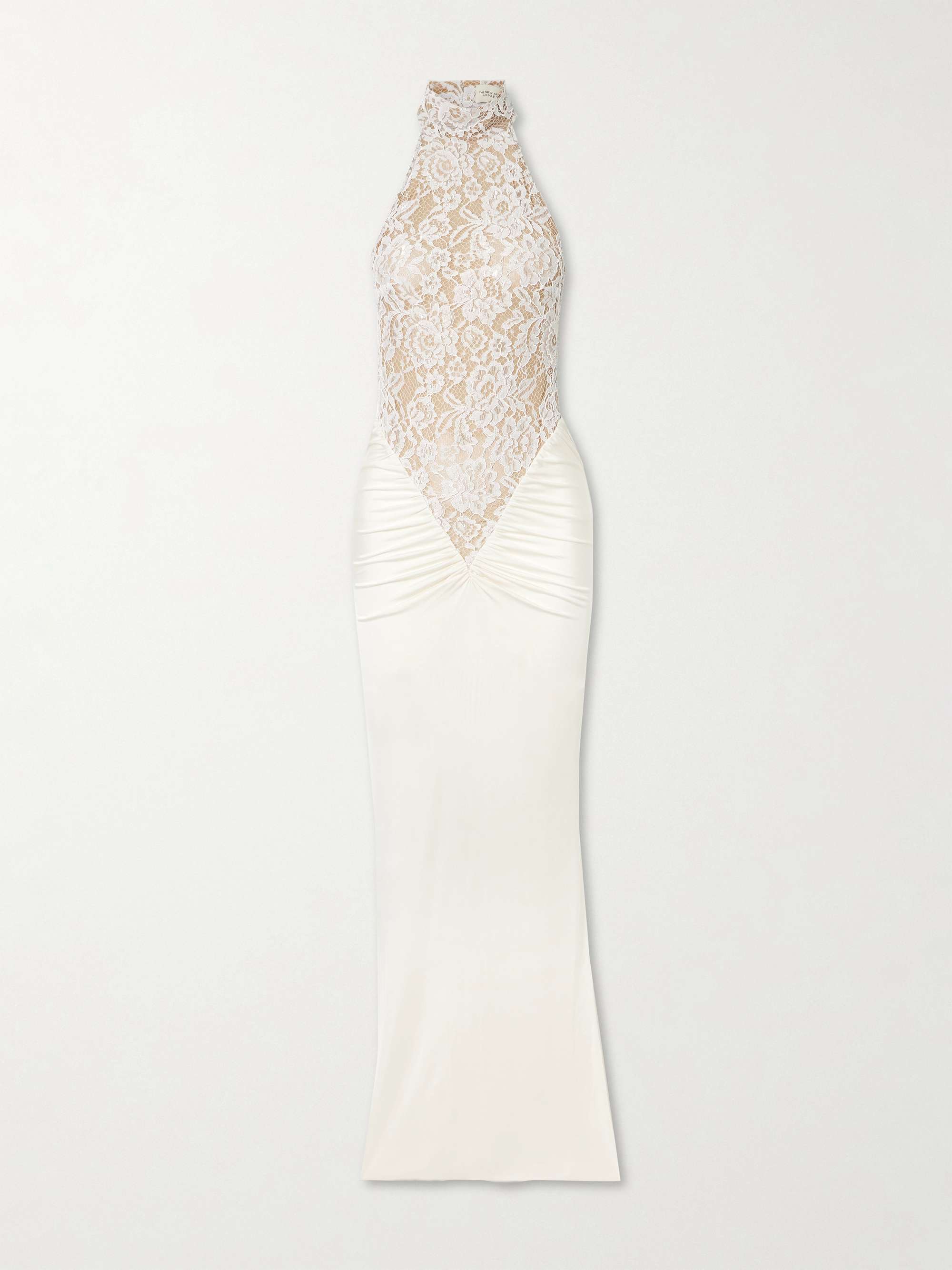 Cass Gathered Lace-Trimmed Satin-Jersey Halterneck Gown