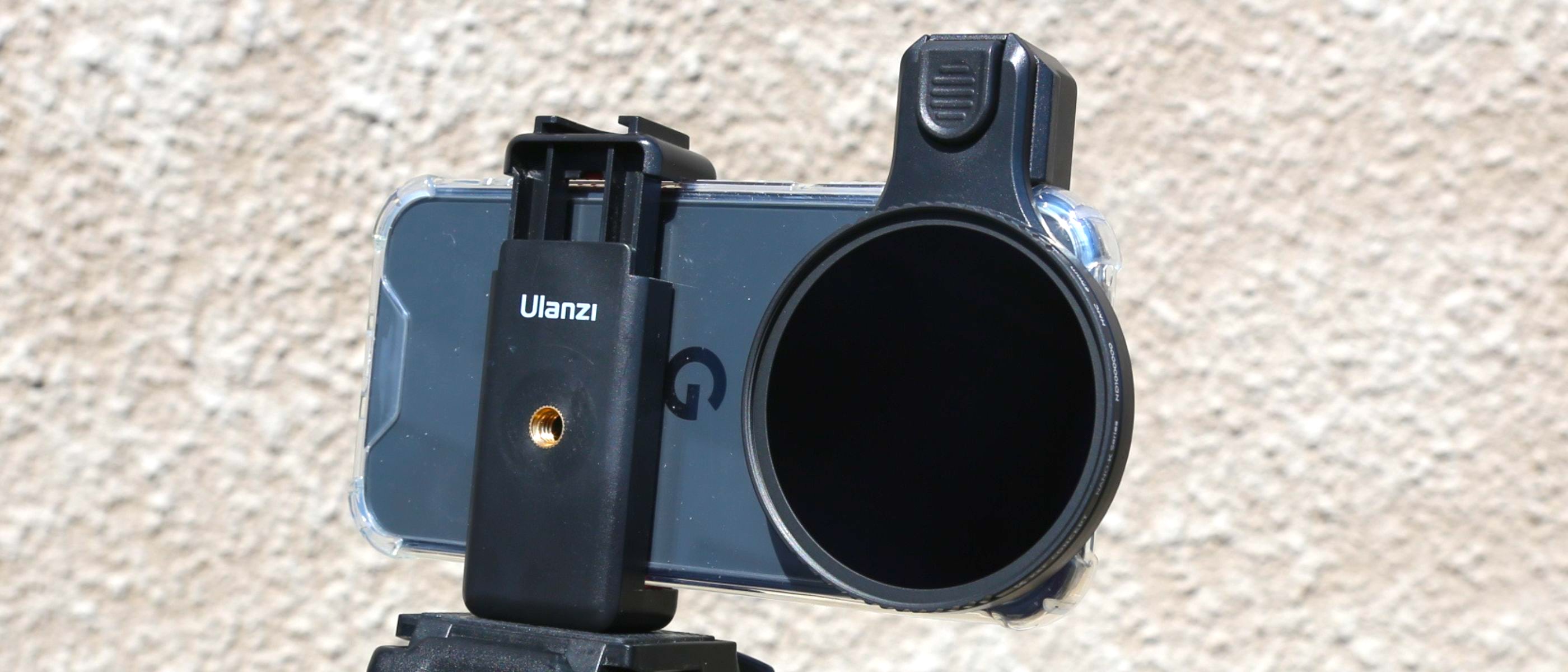 The K&F Concept ND1,000,000 Phone Solar Lens Filter clips over a smartphone camera