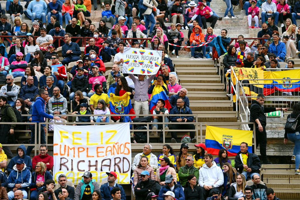 VERONA ITALY MAY 29 Detail view of Richard Carapaz of Ecuador and Team INEOS Grenadiers fans at the Arena di Verona during the 105th Giro dItalia 2022 Stage 21 a 174km individual time trial stage from Verona to Verona ITT Giro WorldTour on May 29 2022 in Verona Italy Photo by Tim de WaeleGetty Images