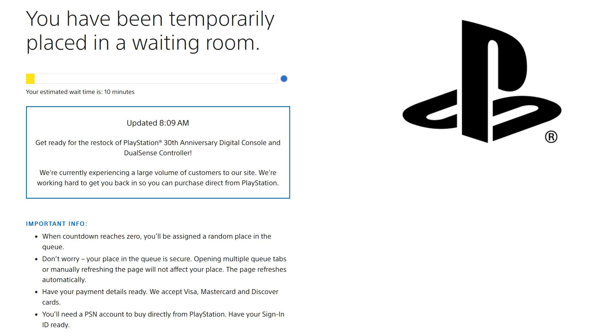 The virtual waiting room screen at PS Direct for a PS5 Slim 30th Anniversary console restock