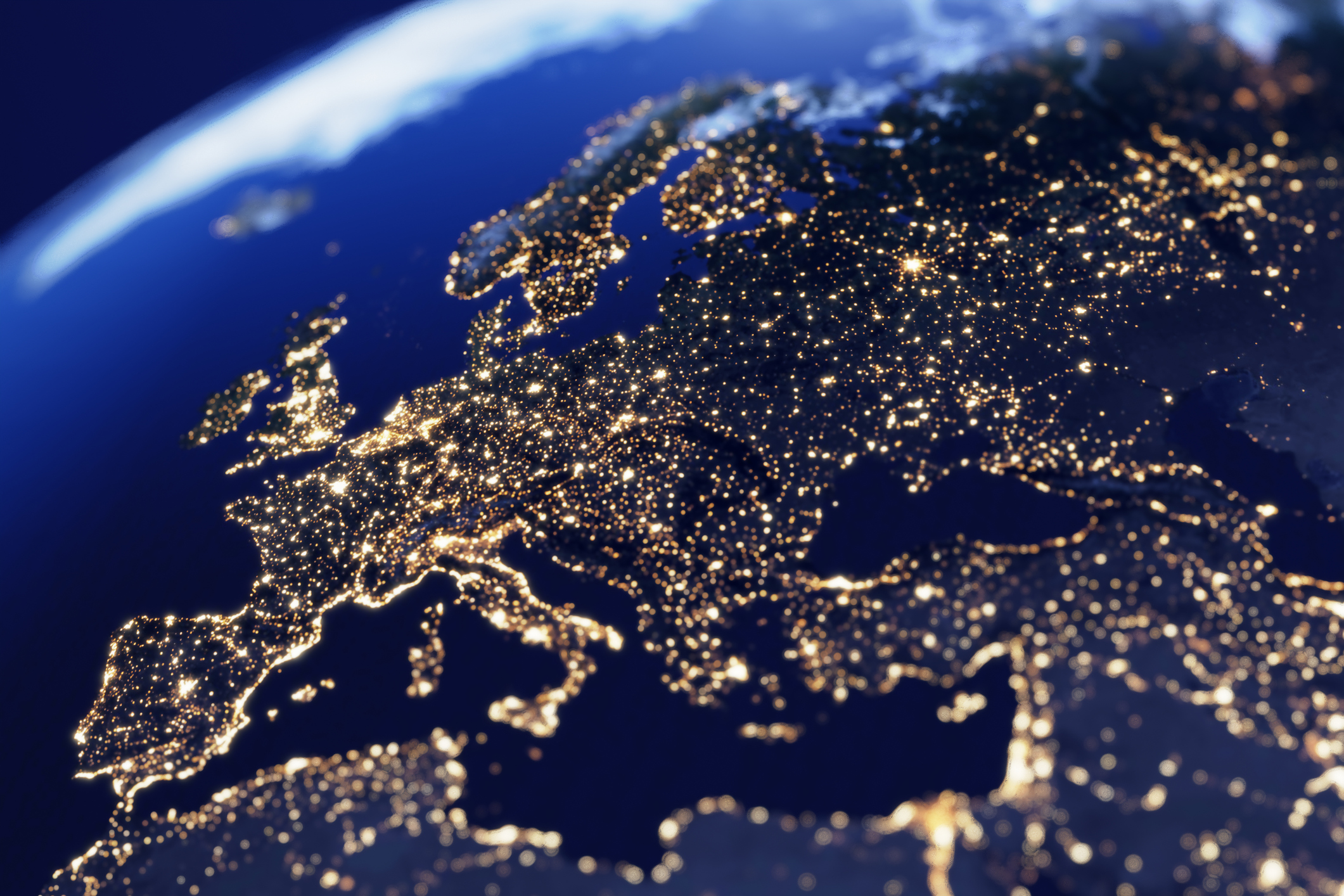 view of Europe from space with city lights