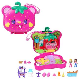 Polly Pocket Dolls and Playset, Travel Toy With Fidget Exterior, Straw-Beary Patch Compact With 2 Micro Dolls and 12 Accessories, Hrd35