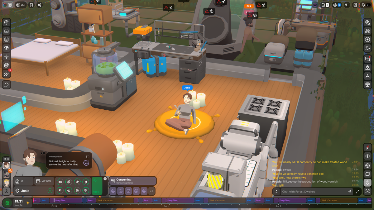 Screenshots from the game Seed showing Josephine Watson's Seedling sat eating dinner