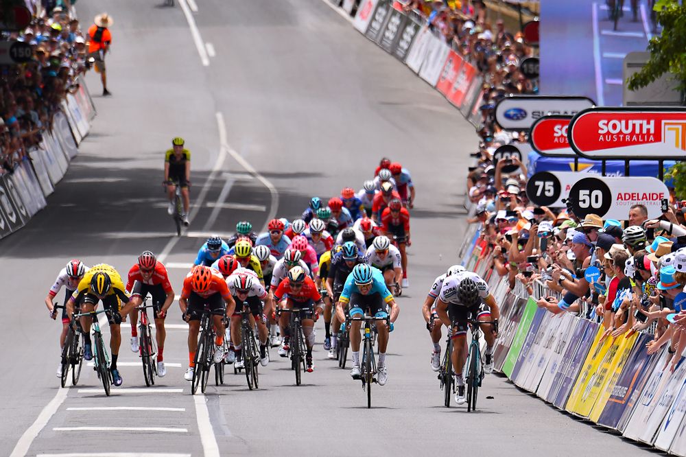 Peter Sagan and Luis Leon Sanchez battle for victory during stage 3 at the Tour Down Under