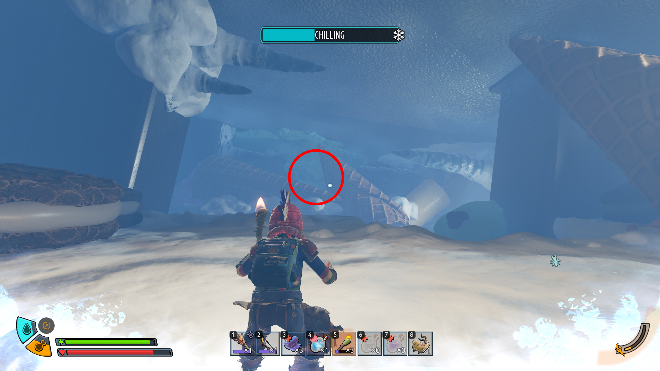Grounded 2 Frostbitten Key: A character crouching in a frosty cave, with a red circle highlighting a ridge in the distance.