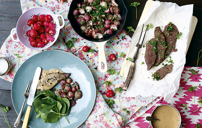 Grilled steak, buttery radishes and bacon with peppered sauce