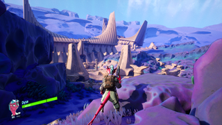 A red-skinned lizard person looks across a purple alien landscape in Vaunted.