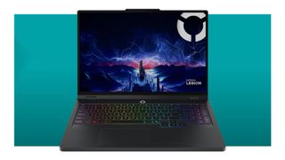 The Lenovo Legion 5i Gen 10 gaming laptop on a teal deals background