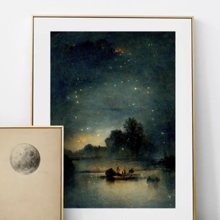 A vintage picture with a night-time scene on a river
