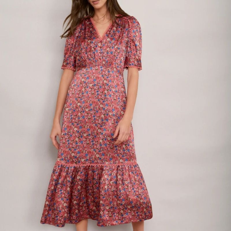 Saoirse Silk Dress Pink Floral on model 